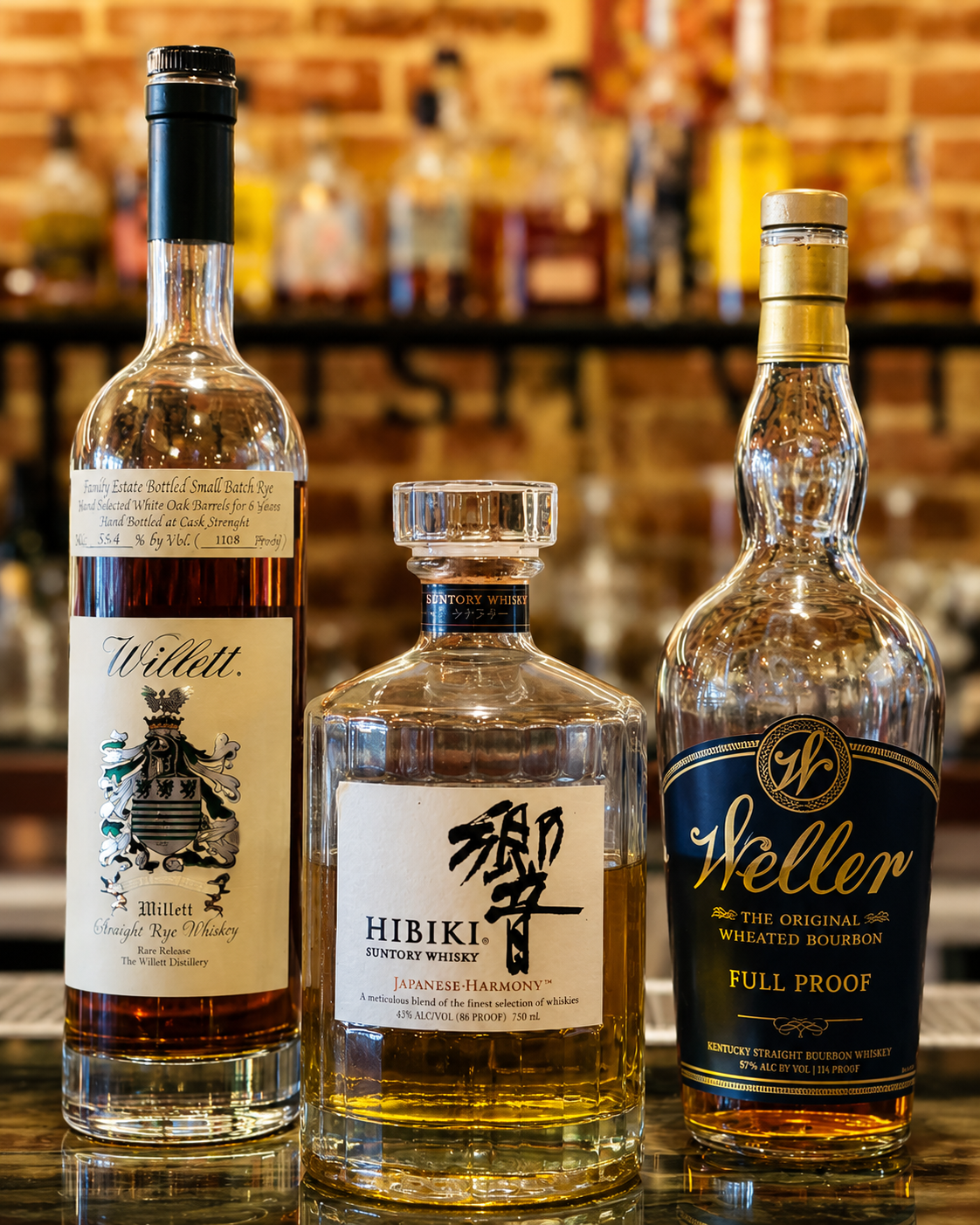 Three whiskey bottles - Willett rye, Hibiki Japanese Harmony, and Weller Full Proof bourbon - lined up on the back bar at Patrick Molloy's.