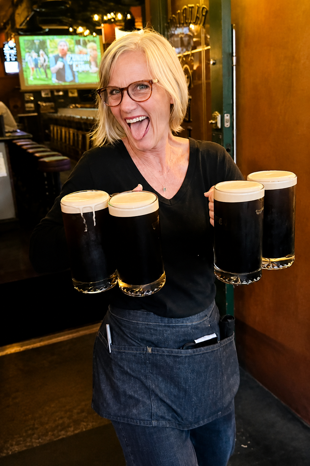 A smiling server at Patrick Molloy's carrying four full pints of Guinness through the bar.
