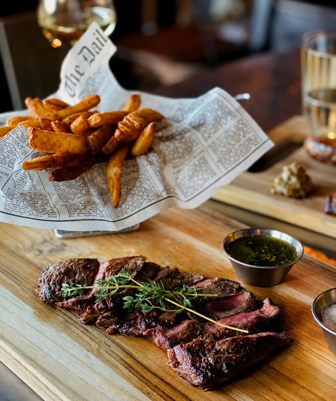 Sliced medium-rare steak with fresh thyme on a wood board beside chimichurri and thick-cut fries wrapped in newsprint.