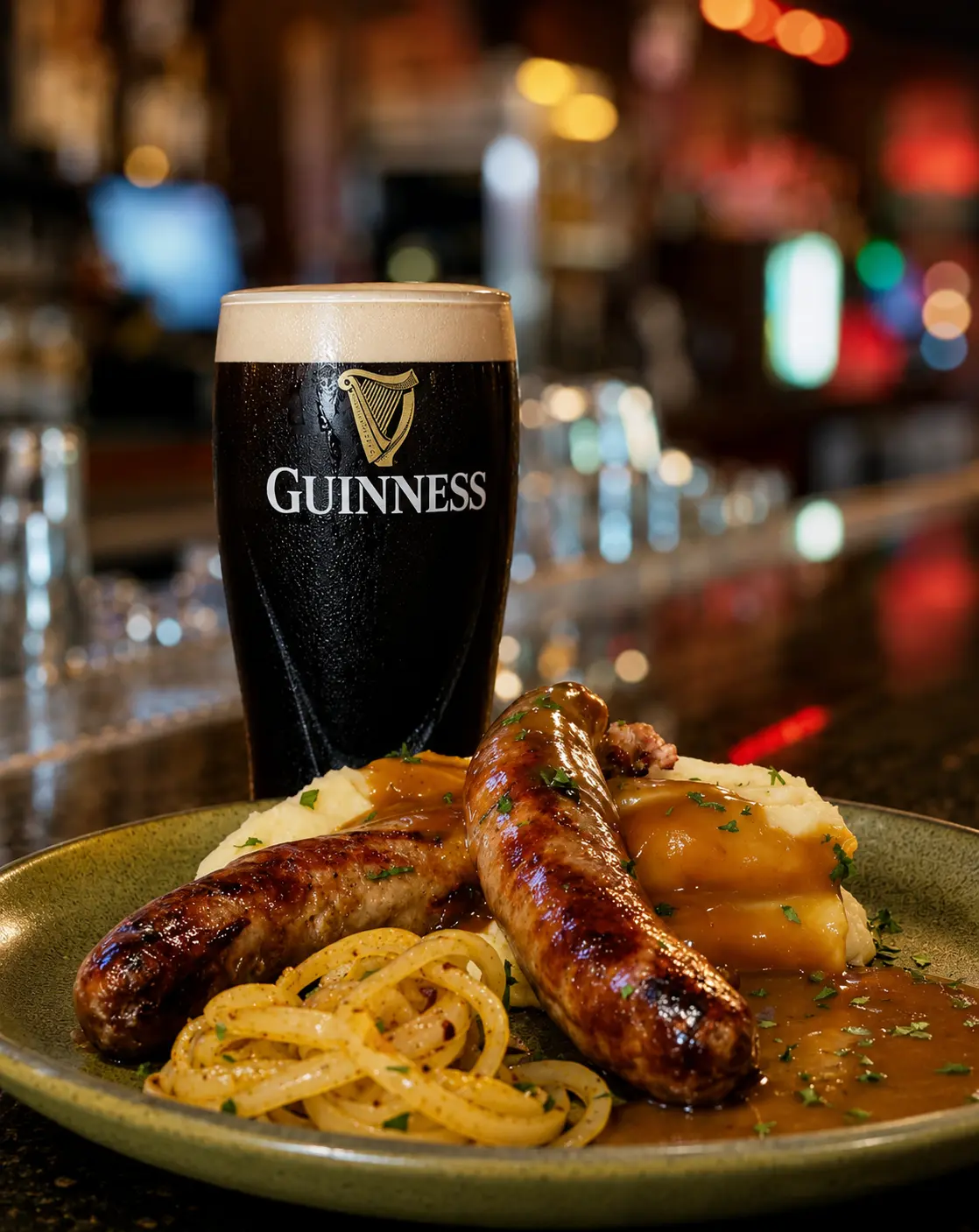 Two grilled Irish sausages over mashed potatoes with onion gravy on a green plate, a pint of Guinness behind it on the bar.
